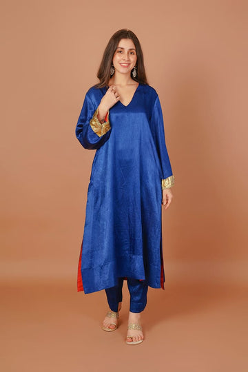 Sapphire Rain Blue Mashru V-Neck Kurta