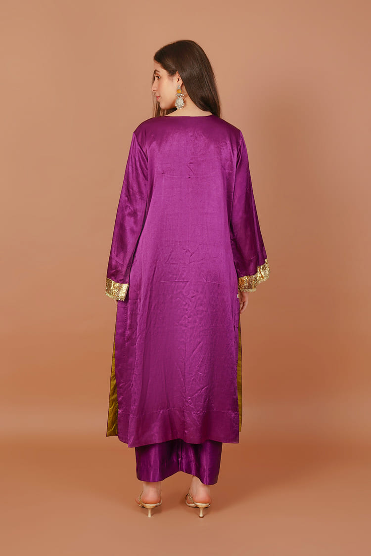 Velvet Iris Purple Mashru V-Neck Coord Set