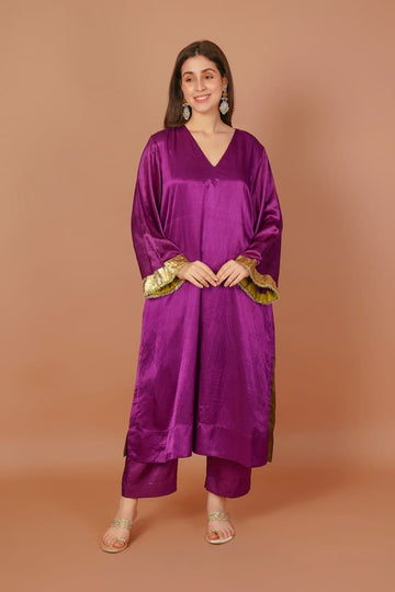 Velvet Iris Purple Mashru V-Neck Coord Set