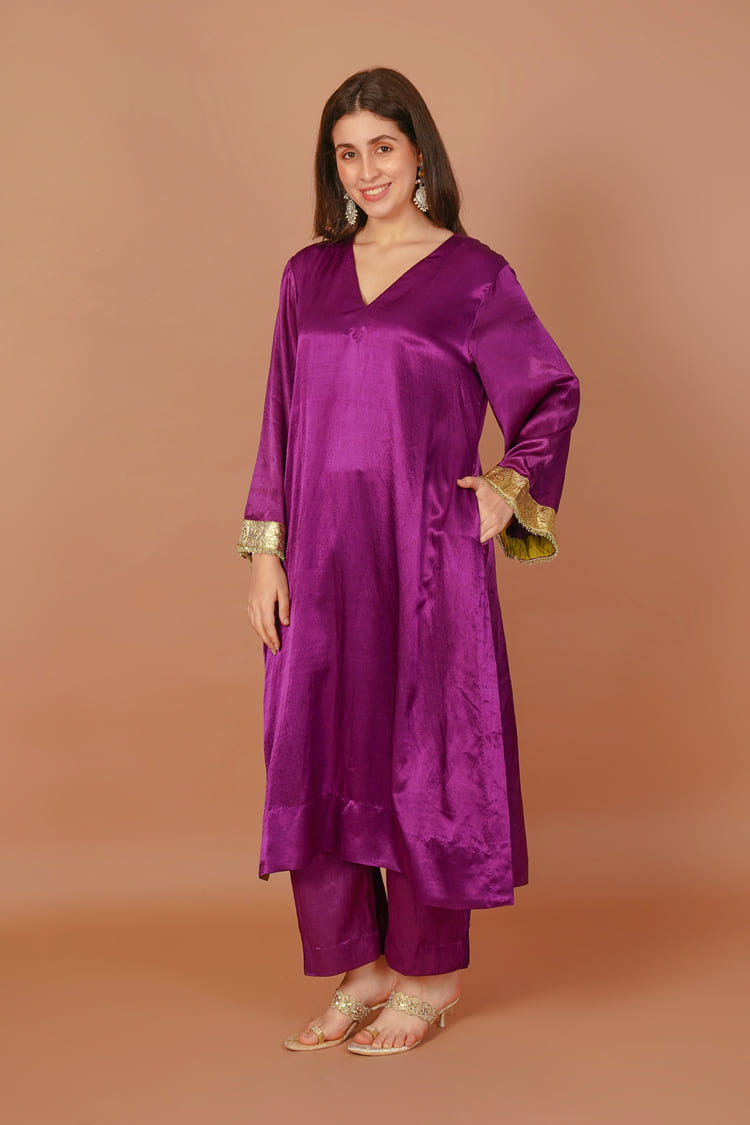 Velvet Iris Purple Mashru V-Neck Coord Set
