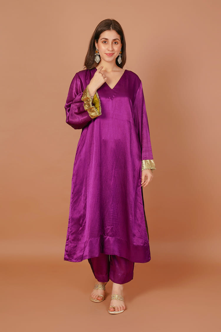 Velvet Iris Purple Mashru V-Neck Coord Set