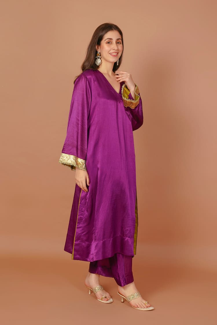 Velvet Iris Purple Mashru V-Neck Coord Set