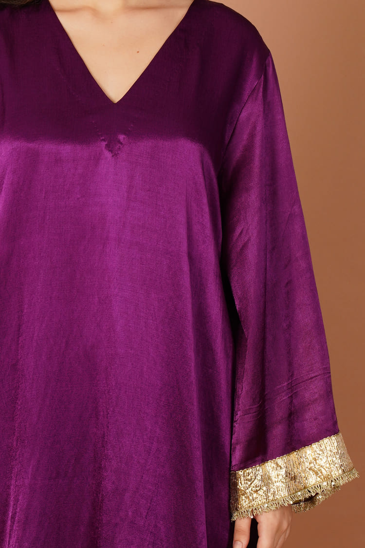 Velvet Iris Purple Mashru V-Neck Coord Set