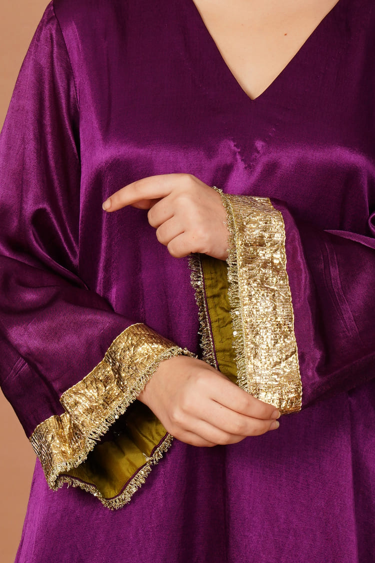Velvet Iris Purple Mashru V-Neck Coord Set