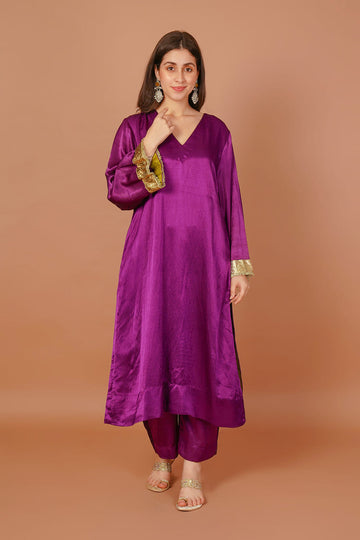 Velvet Iris Purple Mashru V-Neck Kurta