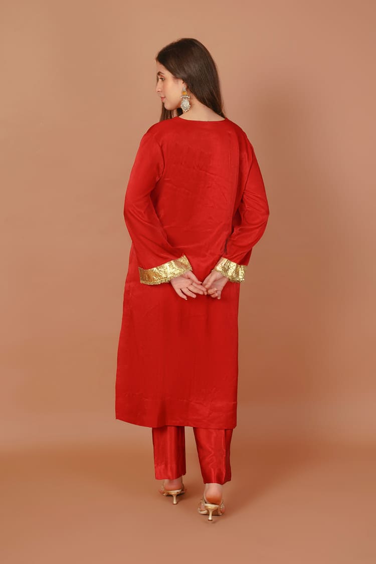Crimson Dusk Red Mashru V-Neck Coord Set