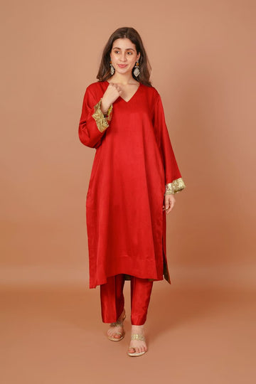 Crimson Dusk Red Mashru V-Neck Coord Set