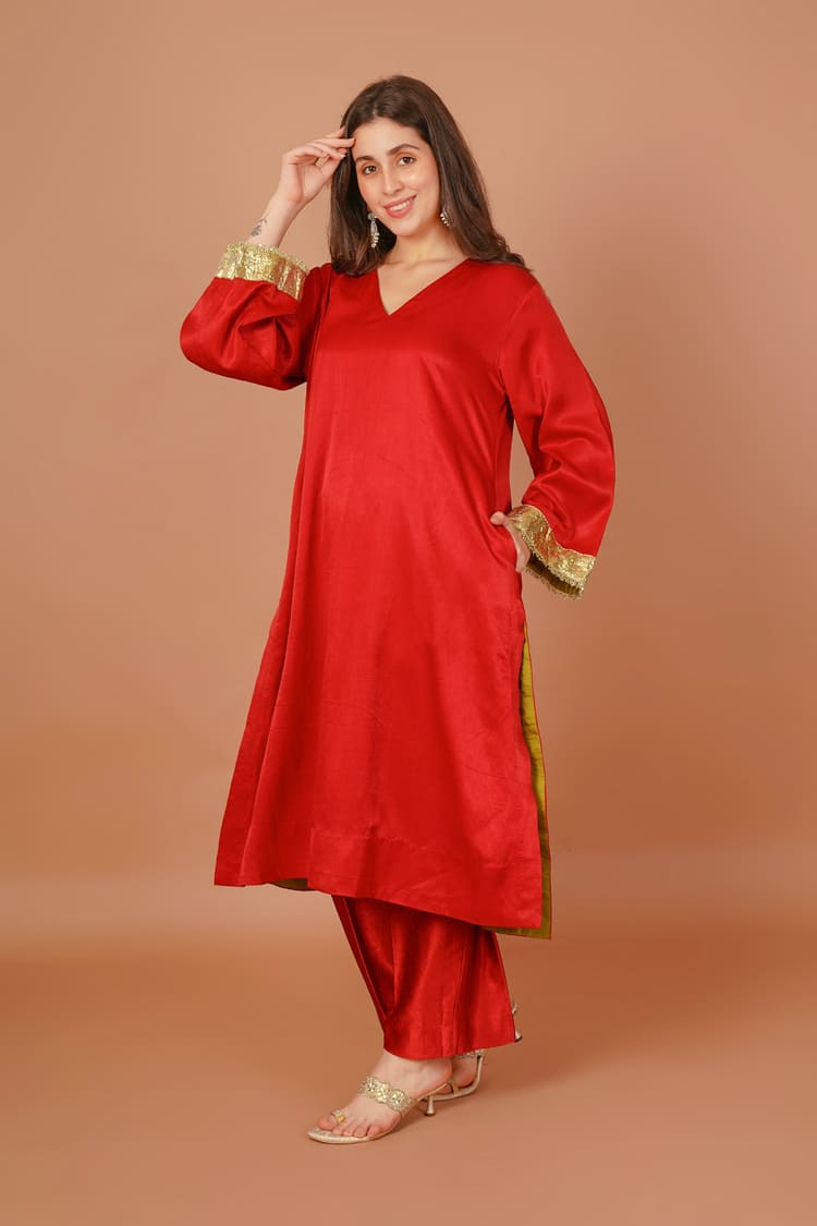 Crimson Dusk Red Mashru V-Neck Coord Set