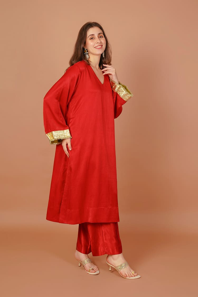 Crimson Dusk Red Mashru V-Neck Coord Set