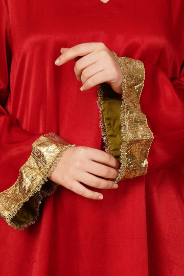 Crimson Dusk Red Mashru V-Neck Kurta