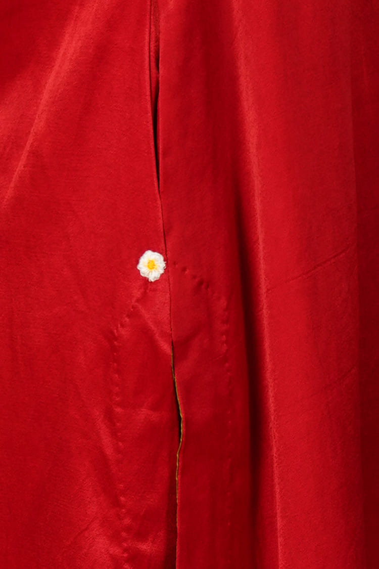 Crimson Dusk Red Mashru V-Neck Kurta