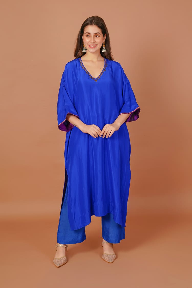 Peacock Blue Silk Embroidered Coord Set