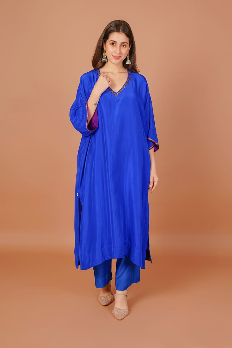 Peacock Blue Silk Embroidered Coord Set
