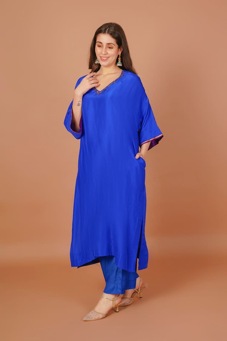 Peacock Blue Silk Embroidered Coord Set