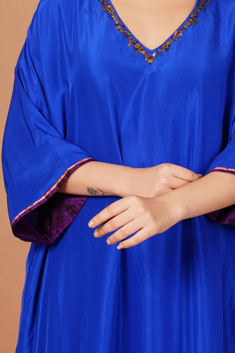 Peacock Blue Silk Embroidered Kurta