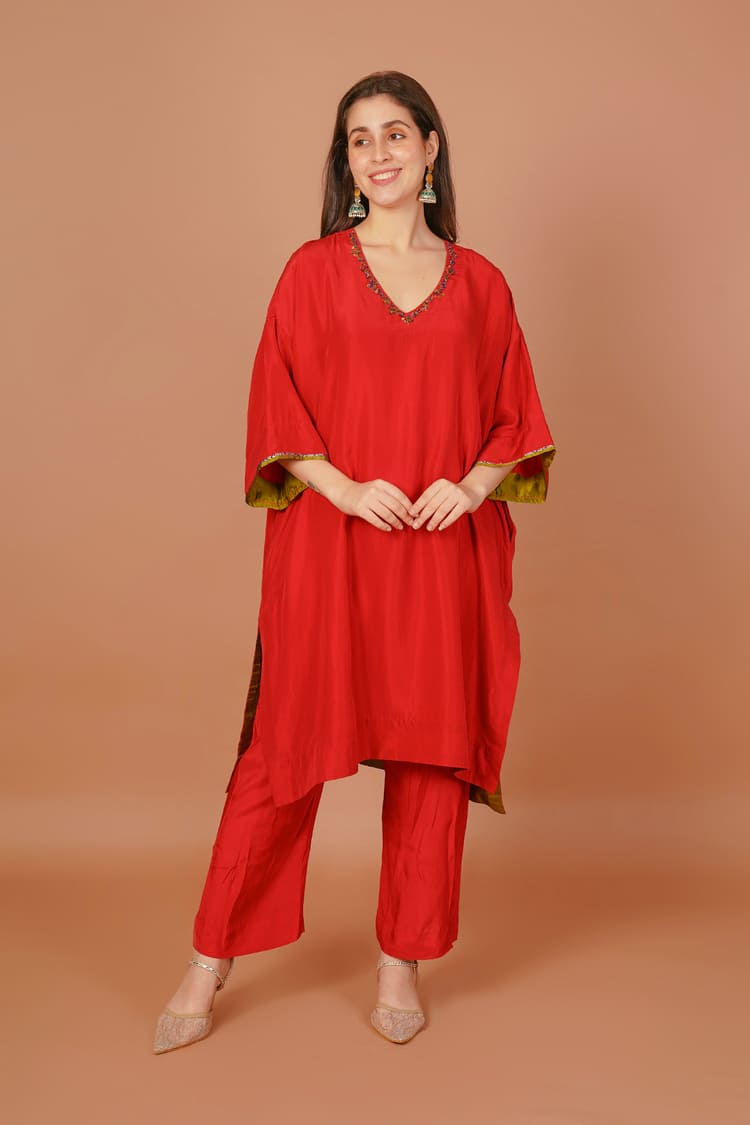 Carmine Red Embroidered Coord Set