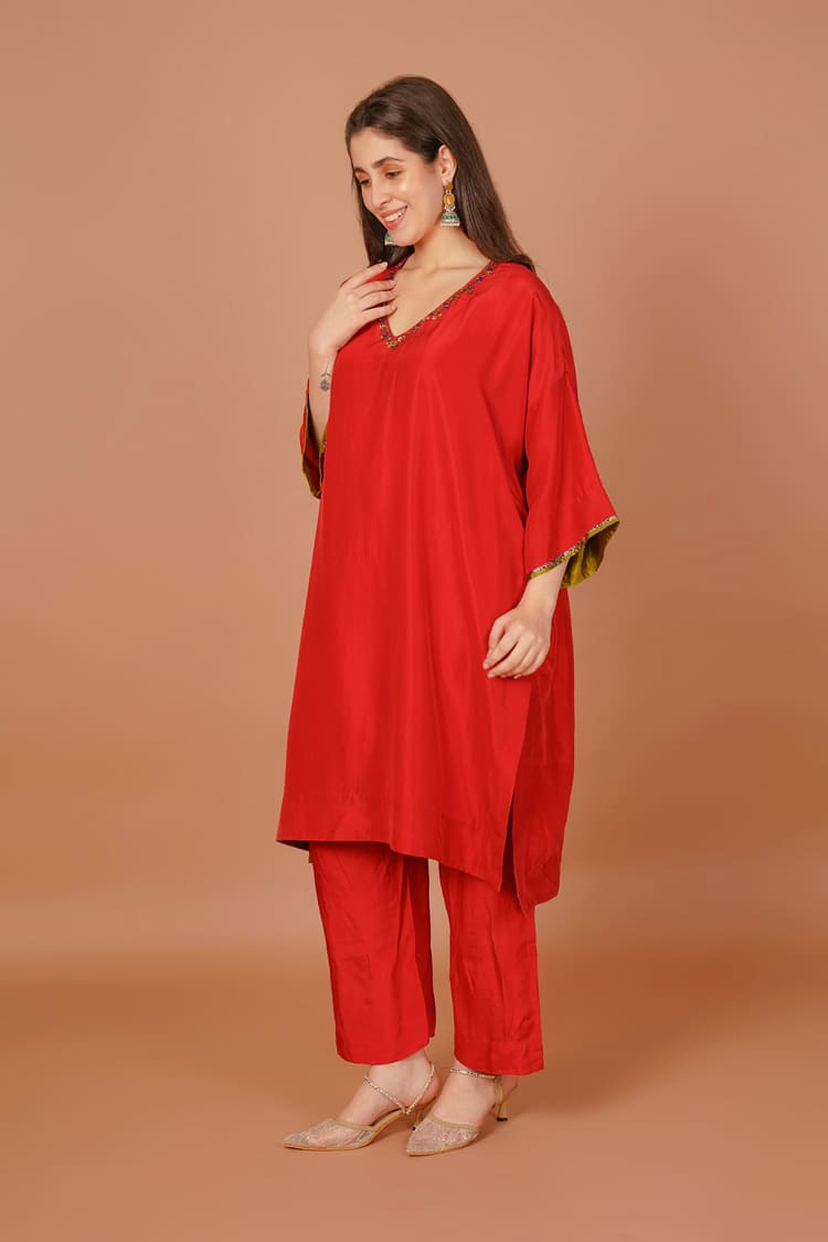 Carmine Red Embroidered Coord Set
