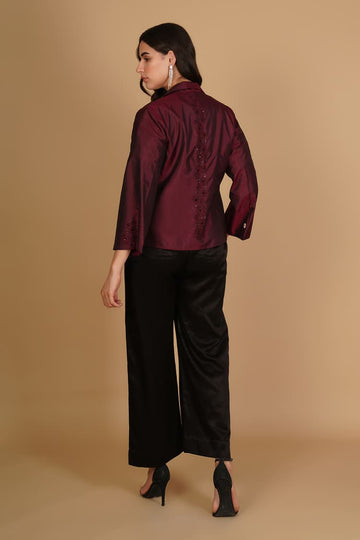 Amara Maroon Silk Embroidery Short Jacket