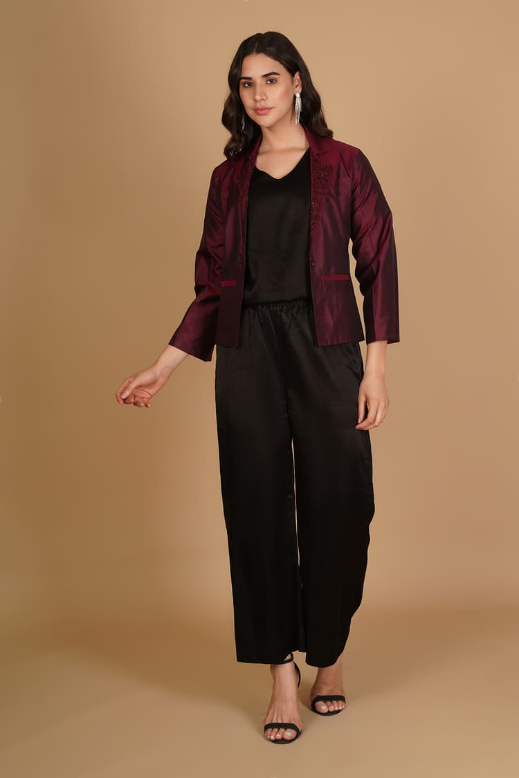 Amara Maroon Silk Embroidery Short Jacket