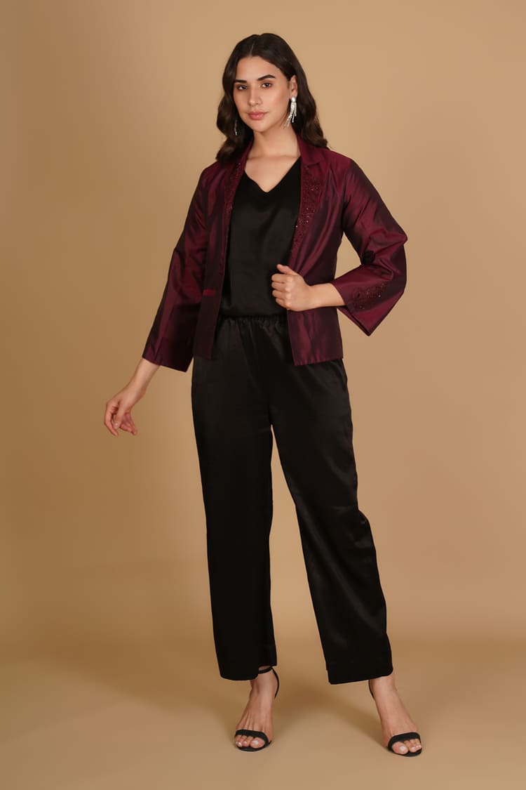 Amara Maroon Silk Embroidery Short Jacket