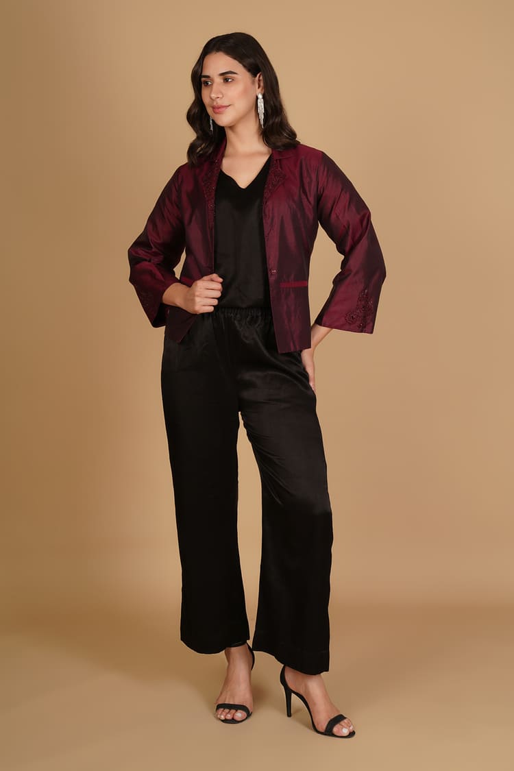 Amara Maroon Silk Embroidery Short Jacket