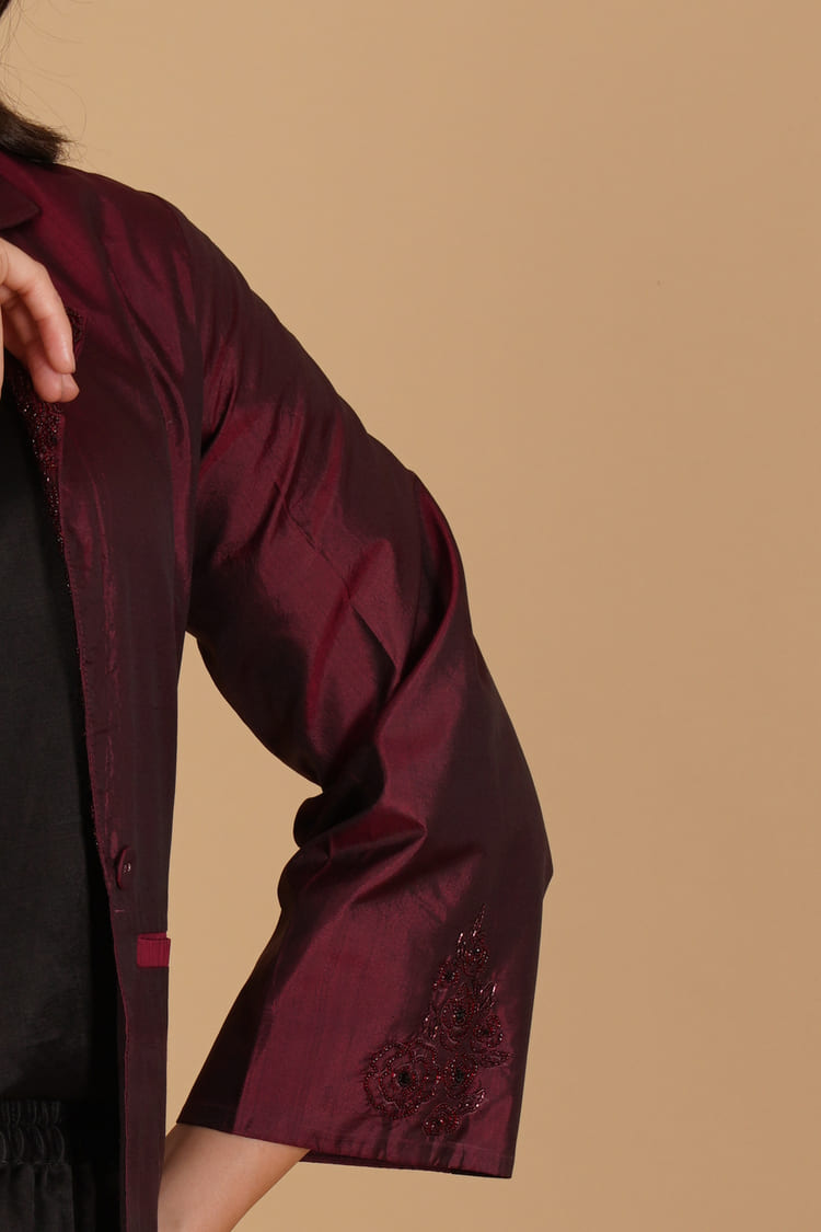 Amara Maroon Silk Embroidery Short Jacket