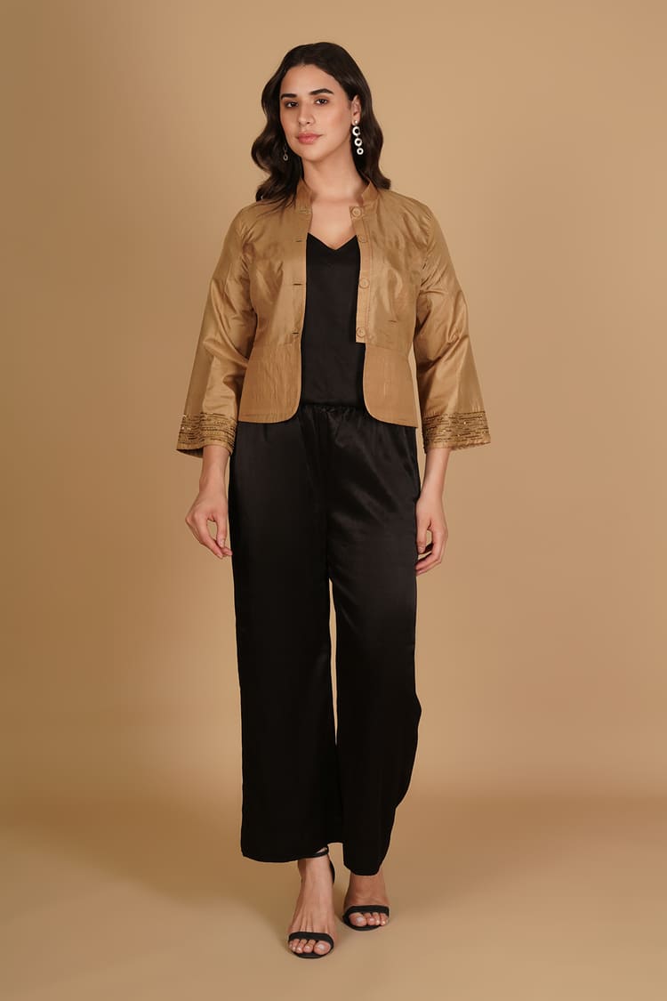 Meira Golden Silk Embroidery Short Jacket