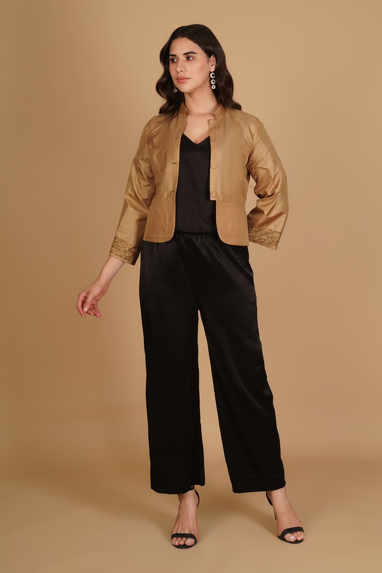 Meira Golden Silk Embroidery Short Jacket
