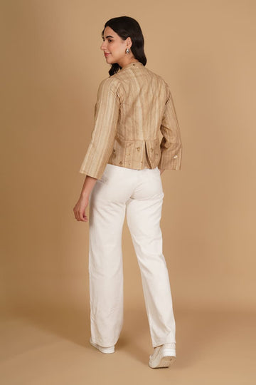 Avira Beige Tussar Embroidery Crop Jacket
