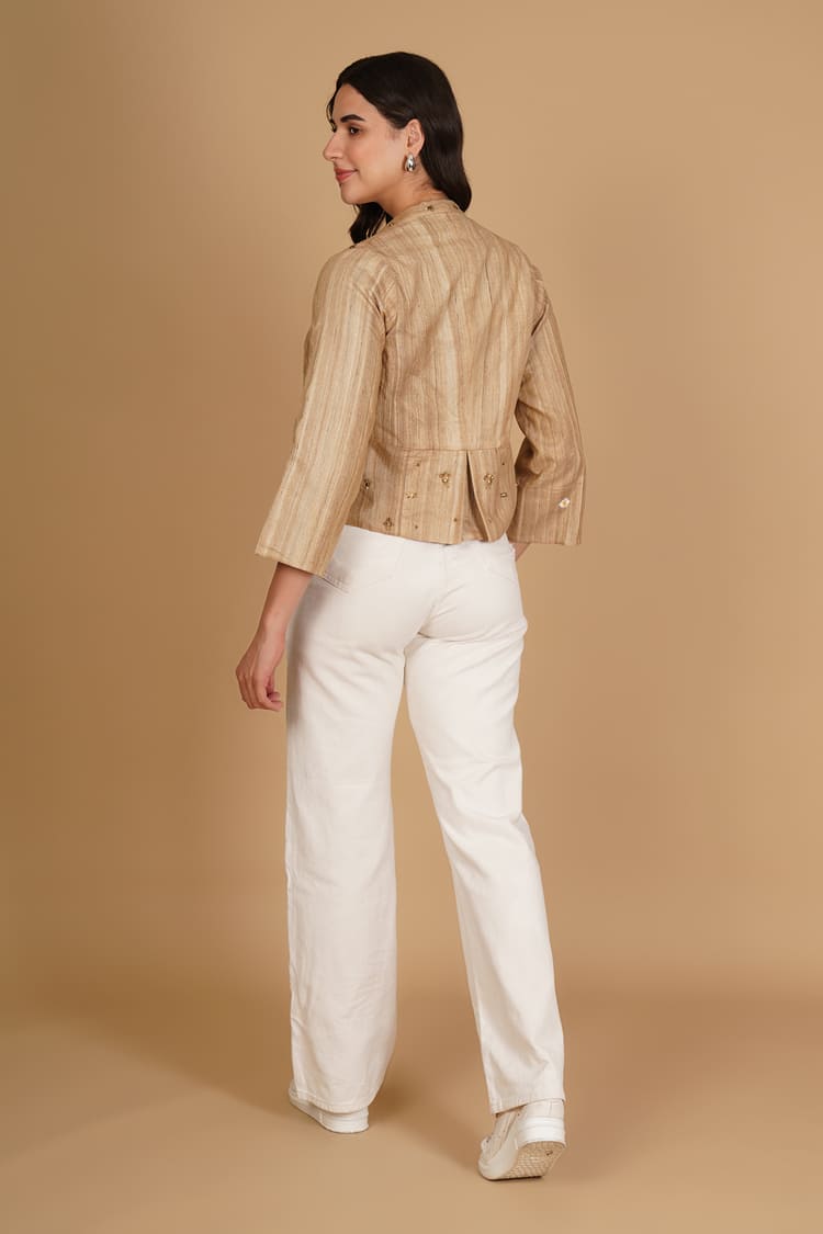 Avira Beige Tussar Embroidery Crop Jacket