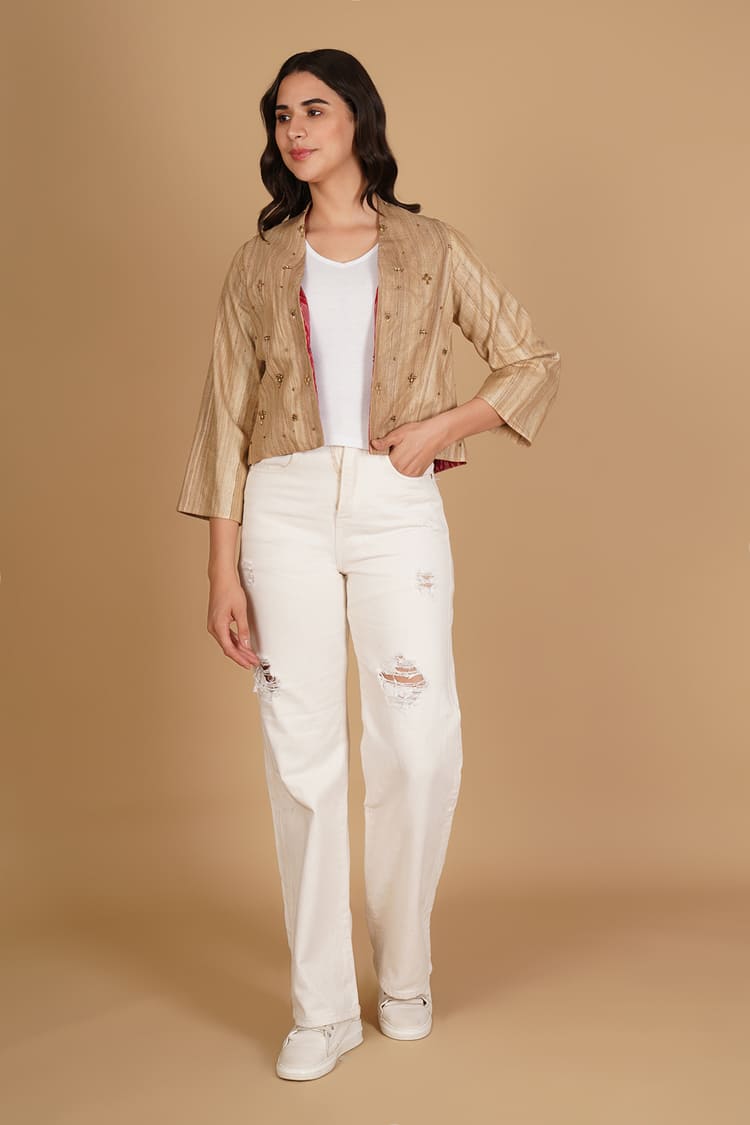 Avira Beige Tussar Embroidery Crop Jacket