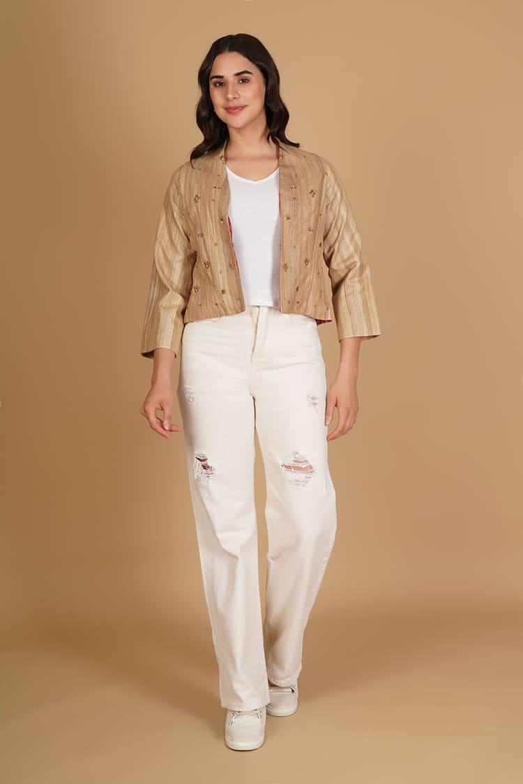 Avira Beige Tussar Embroidery Crop Jacket