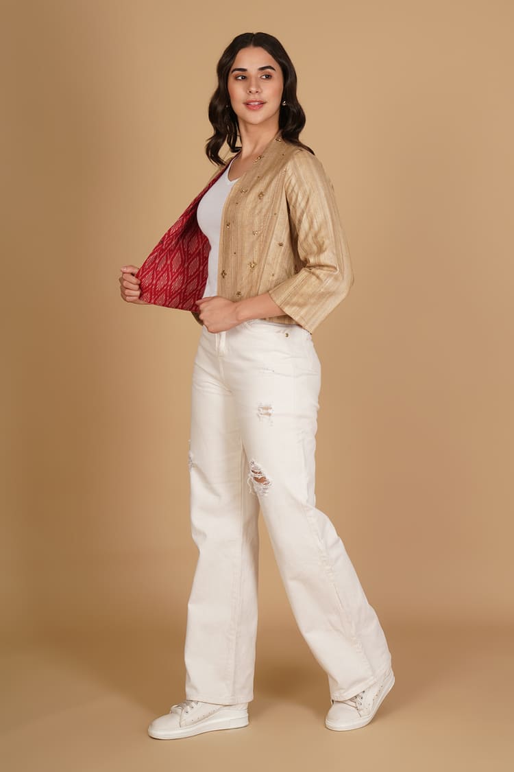 Avira Beige Tussar Embroidery Crop Jacket