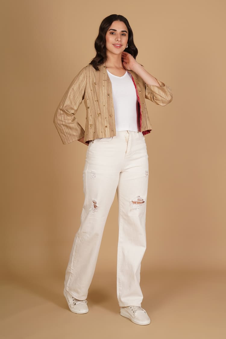 Avira Beige Tussar Embroidery Crop Jacket