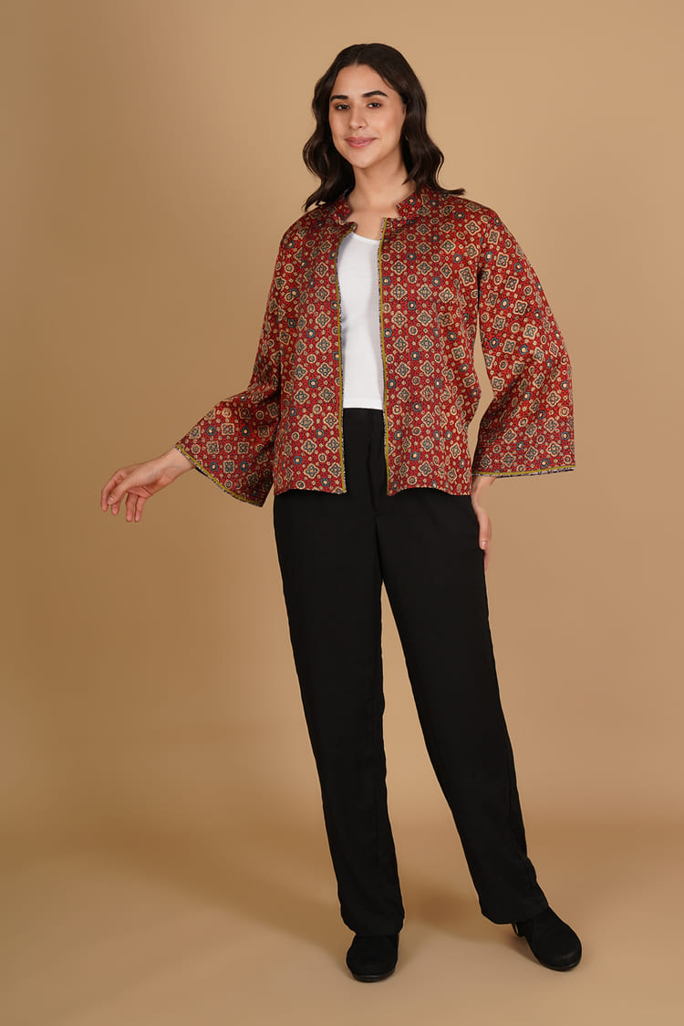 Zehra Red Ajrakh Modal Silk Medium Jacket
