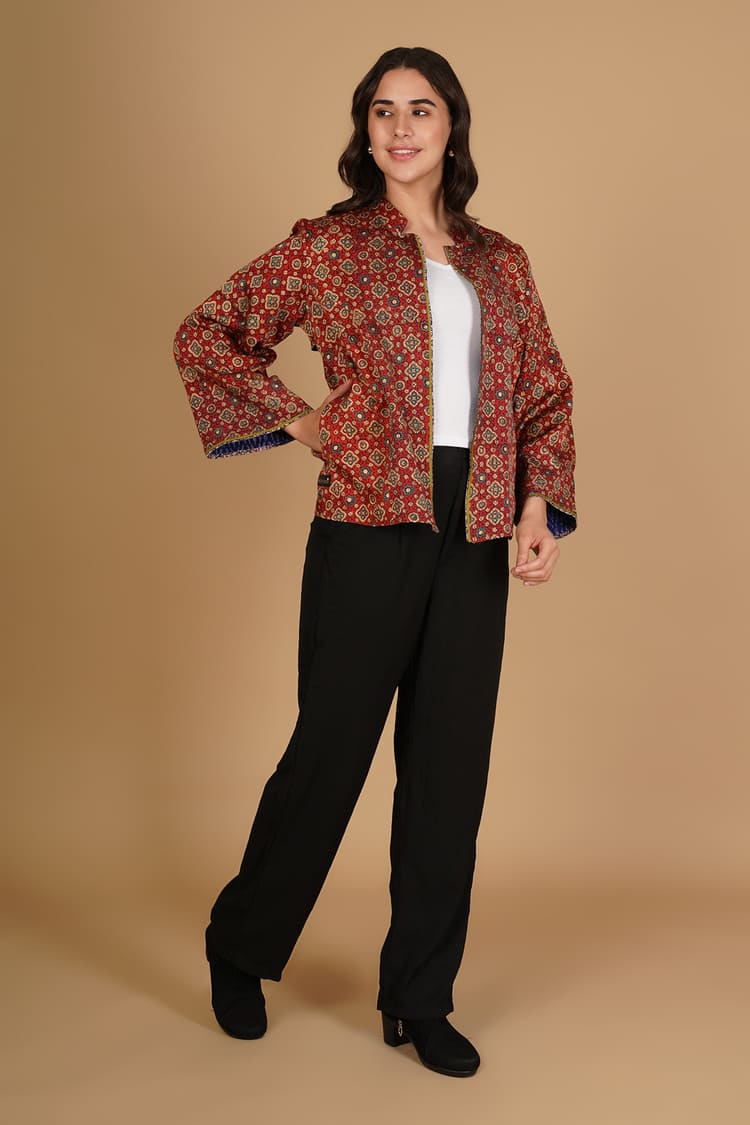 Zehra Red Ajrakh Modal Silk Medium Jacket