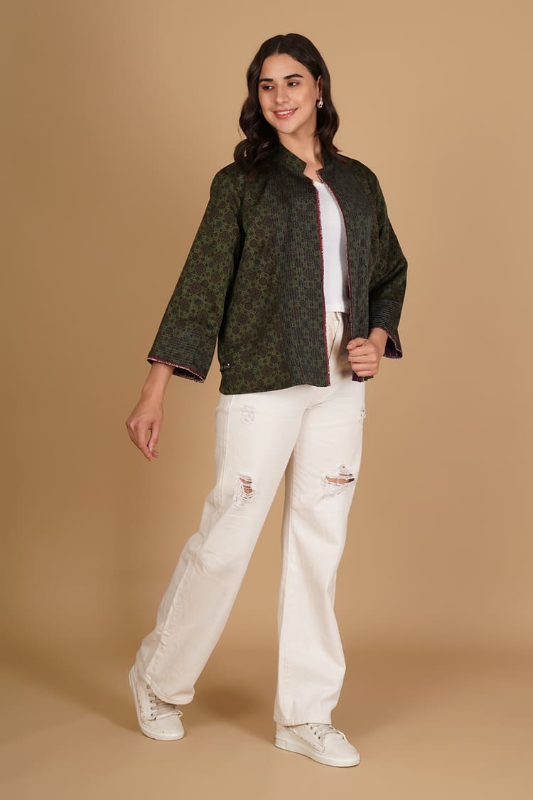 Vanya Green Ajrakh Modal Silk Medium Jacket