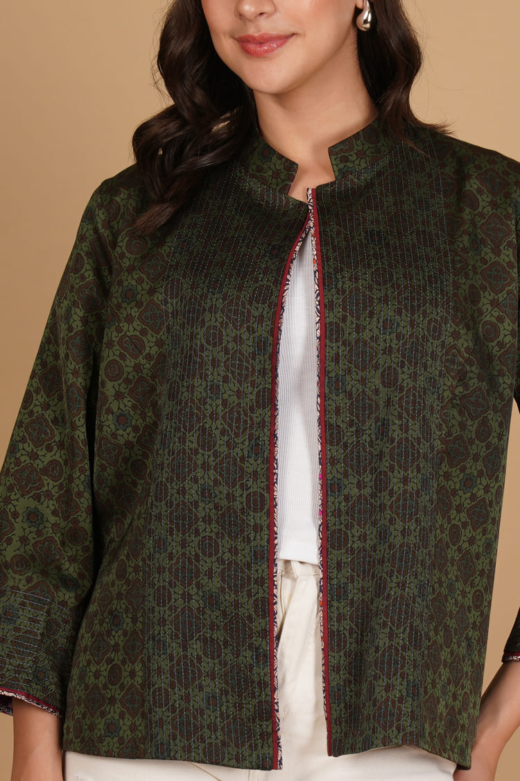 Vanya Green Ajrakh Modal Silk Medium Jacket