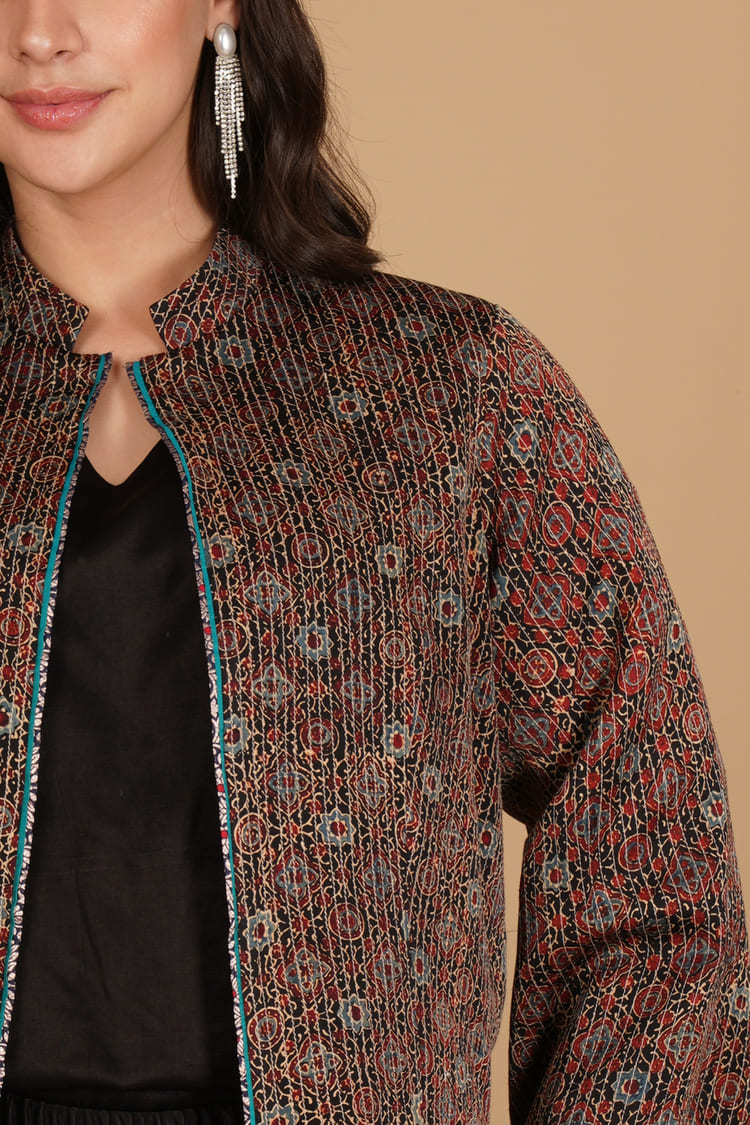 Zoya Black Ajrakh Modal Silk Short Jacket