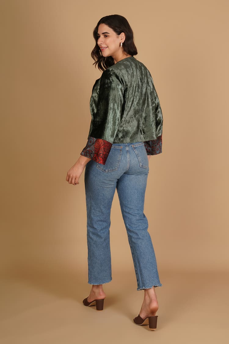 Maira Olive Green Velvet Short Jacket