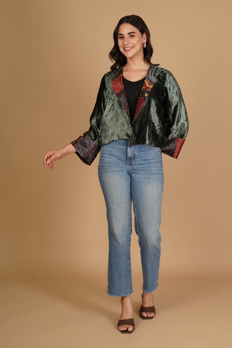 Maira Olive Green Velvet Short Jacket