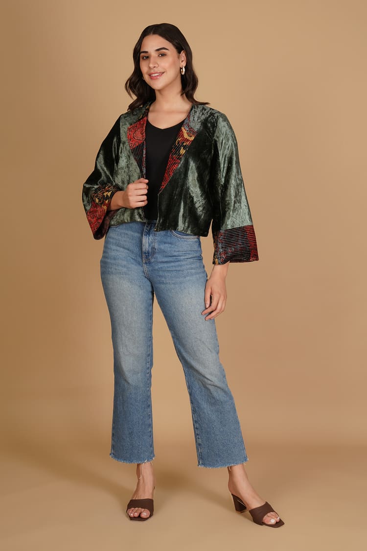 Maira Olive Green Velvet Short Jacket