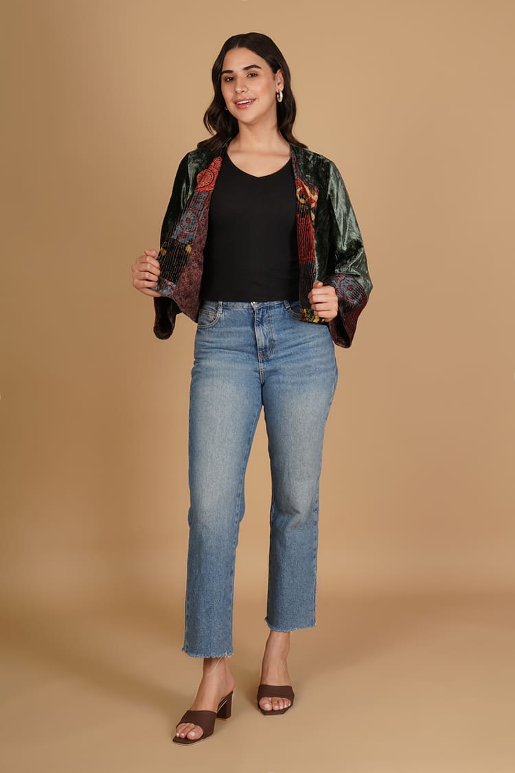 Maira Olive Green Velvet Short Jacket
