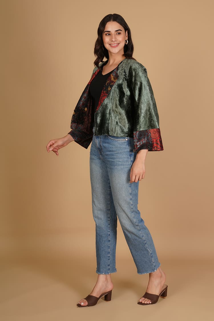 Maira Olive Green Velvet Short Jacket