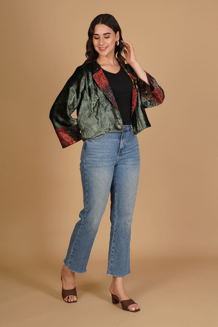 Maira Olive Green Velvet Short Jacket