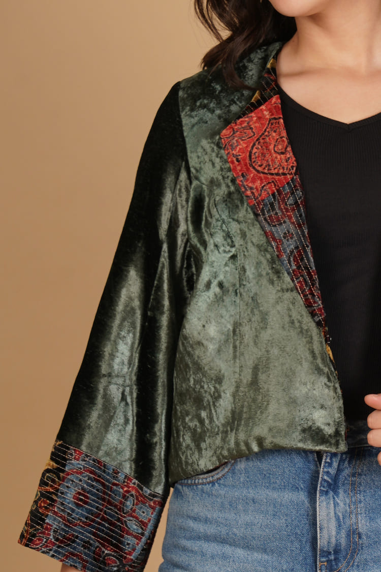 Maira Olive Green Velvet Short Jacket