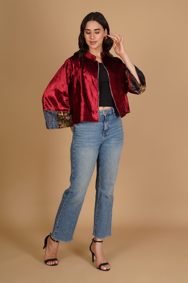 Inaya Red Velvet Short Jacket