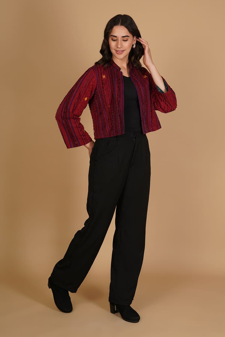 Aarika Maroon Kotpad Embroidery Short Jacket