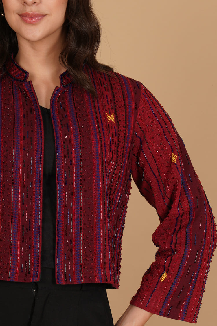 Aarika Maroon Kotpad Embroidery Short Jacket