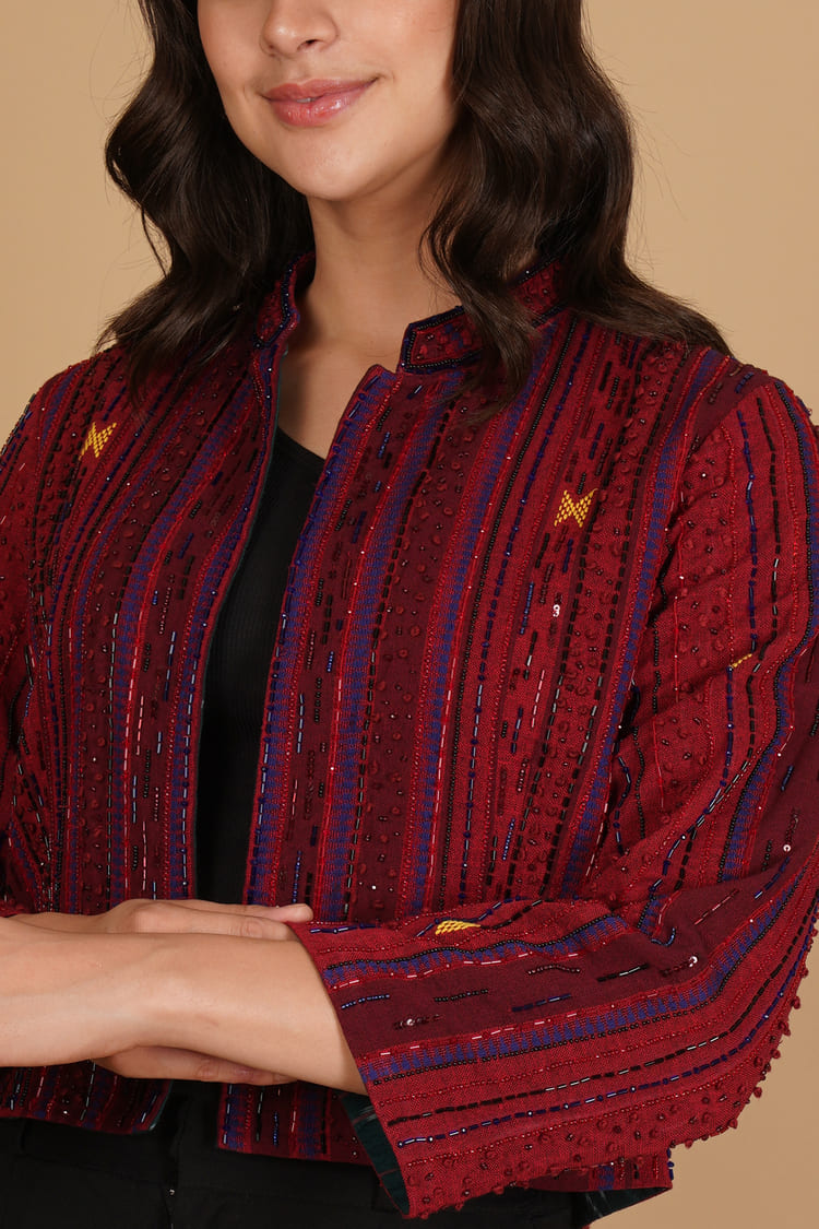 Aarika Maroon Kotpad Embroidery Short Jacket